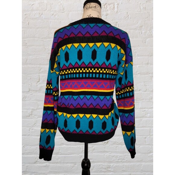 Vtg Chauvin Geometric Knit Sweater Womens MED Turquoise Retro 80s Jumper Hippie - Picture 3 of 4